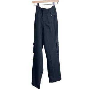 Womens Pants Charcoal 0 Gray Cargo Pleated High Waisted Straight Leg Casual